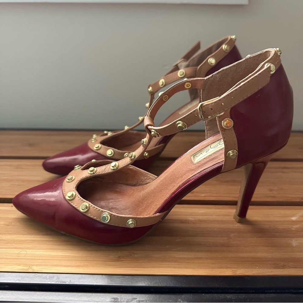 Halogen T-Strap Studded Red & Tan Pumps Heels